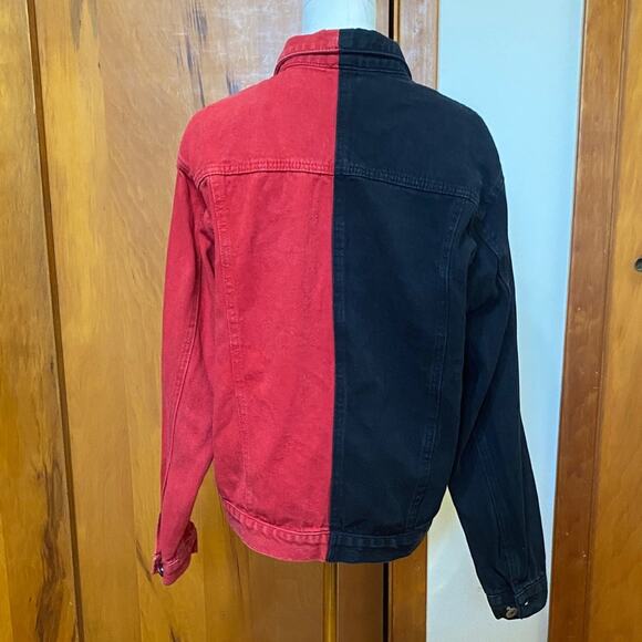 Source Unknown Black and Red Split Denim Jean Jacket Front Chest Pockets - Picture 3 of 6